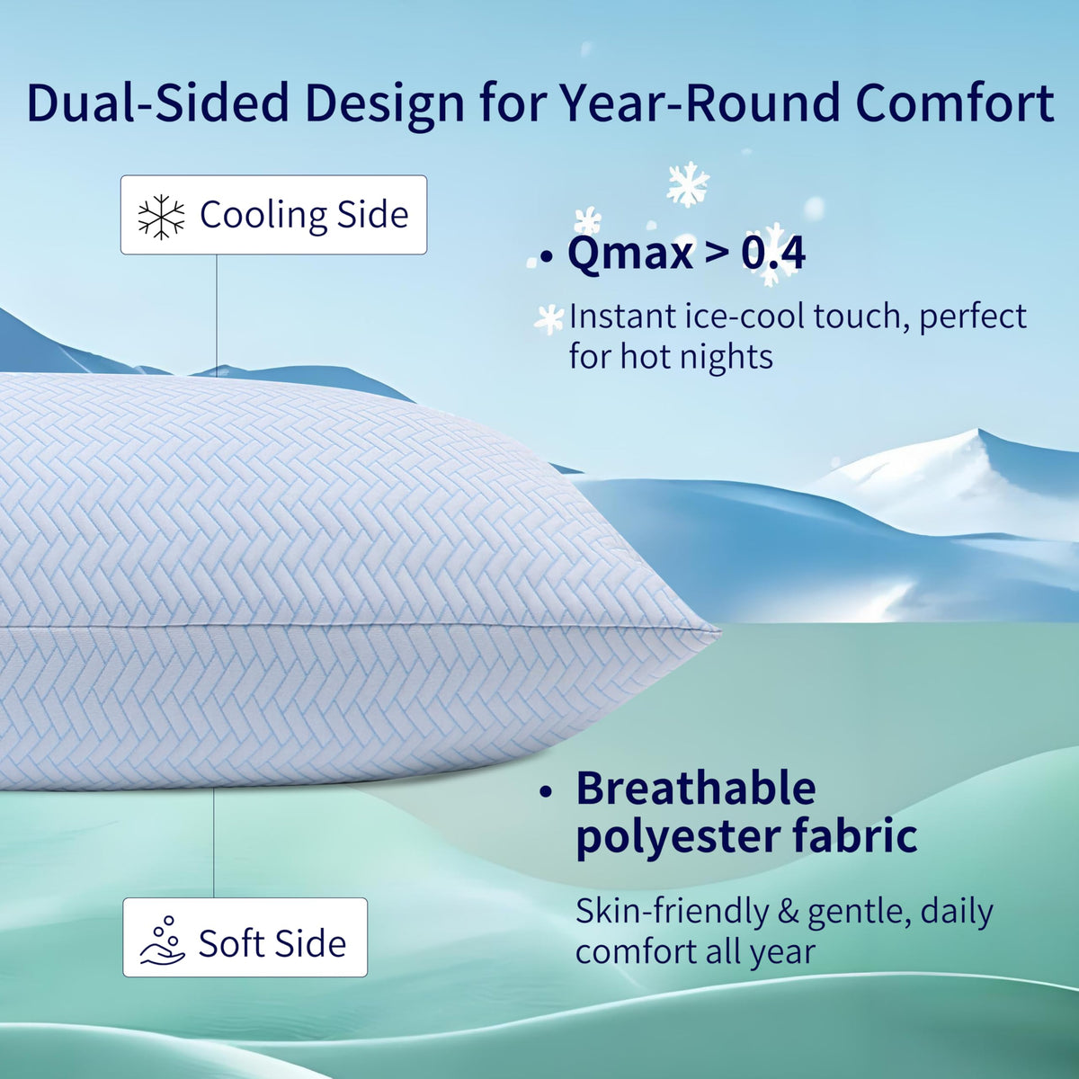 DOWNCOOL cooling fabric side delivers instant relief for hot nights.
