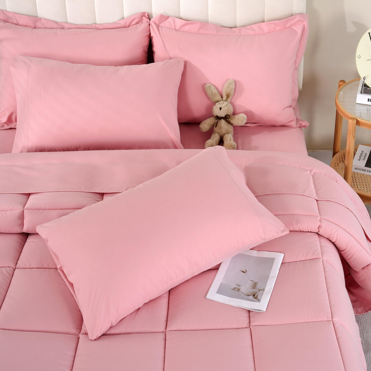 Downcool full-size pink comforter set packaging with soft microfiber feel