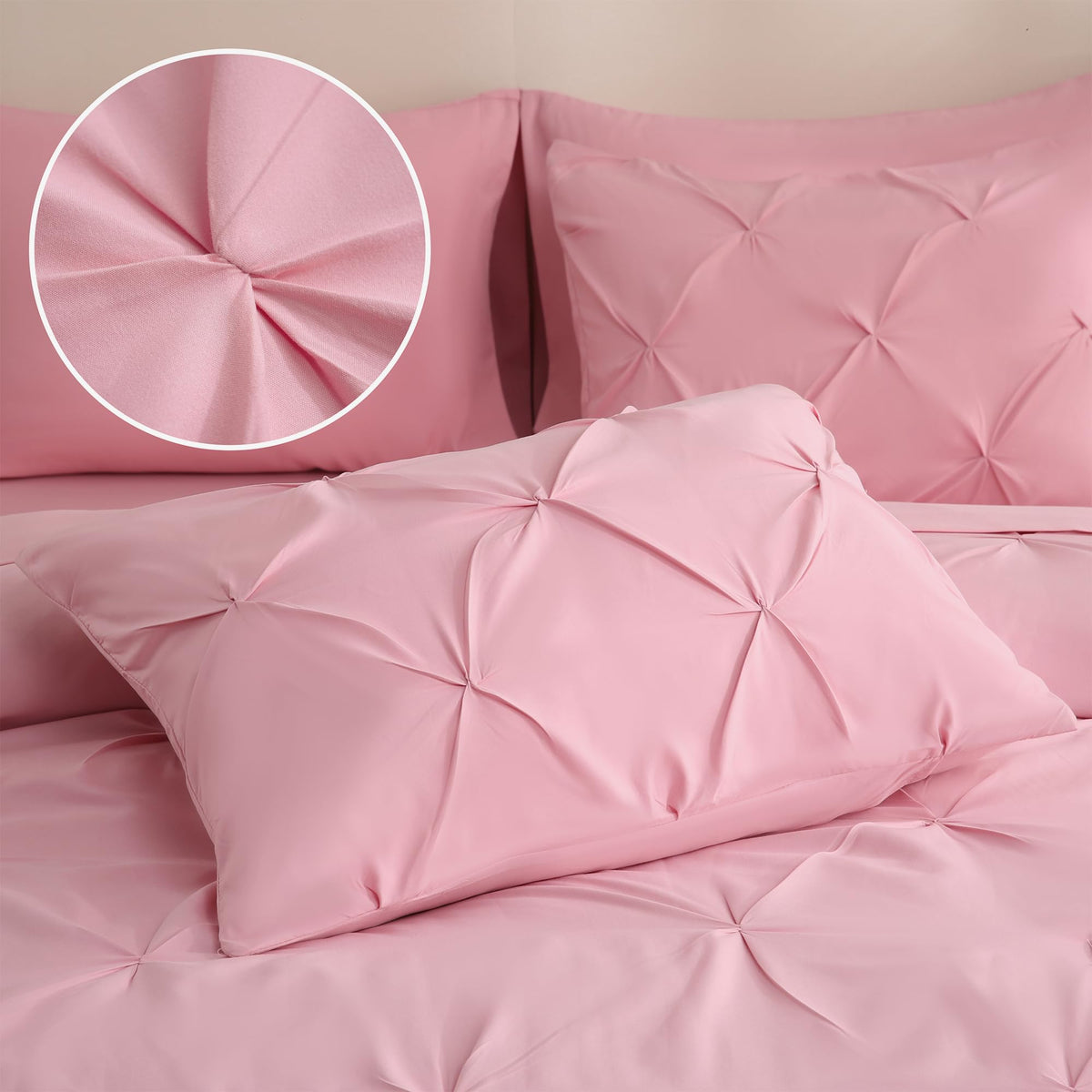 Downcool pink king size bed-in-a-bag creates a complete, coordinated bedroom setup.