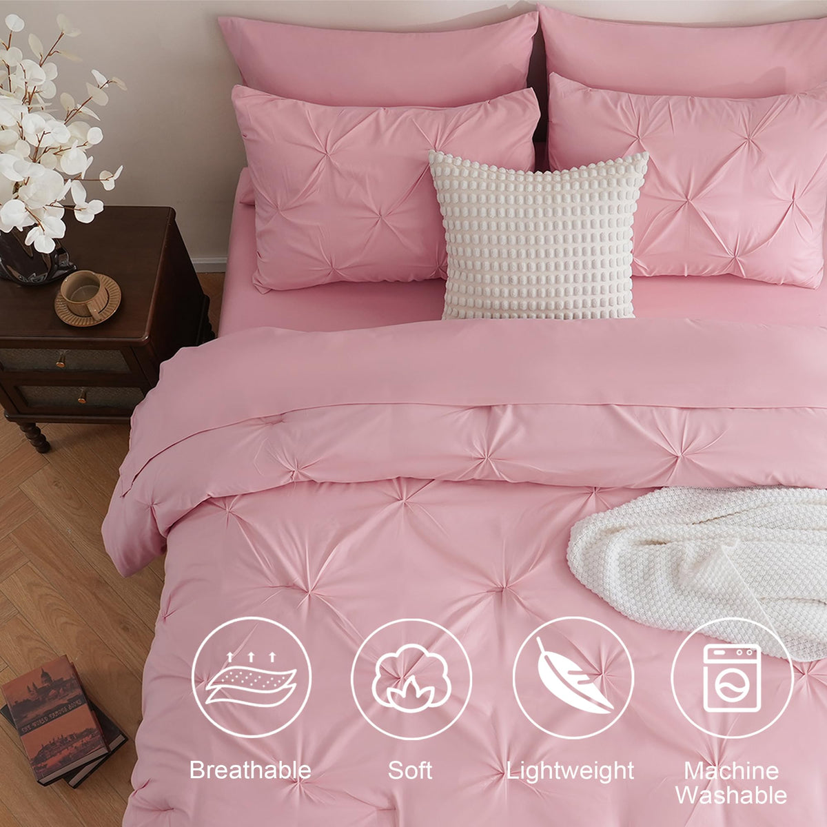 DOWNCOOL Queen bed-in-a-bag includes all pieces for a complete bed setup.