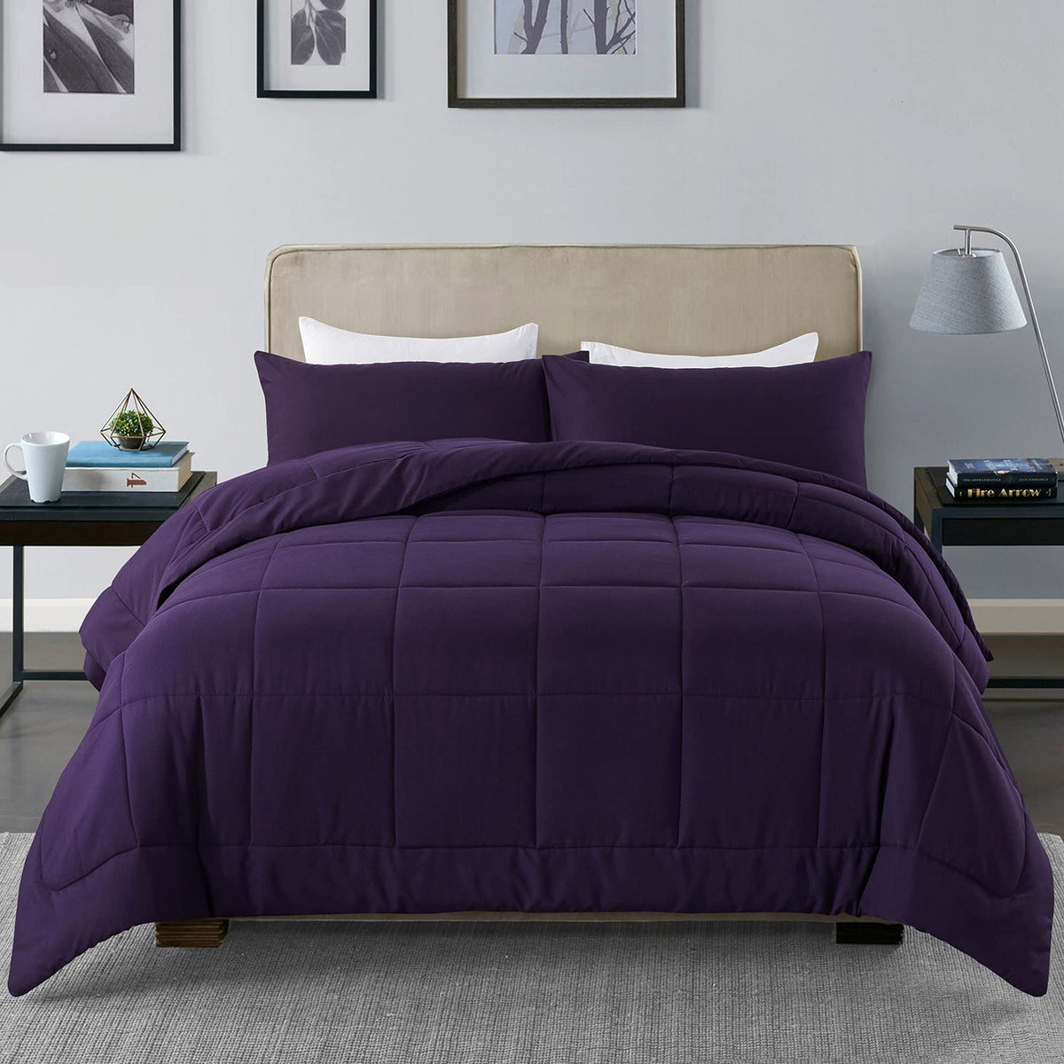 DOWNCOOL queen comforter set in purple fabric shows all-season softness.