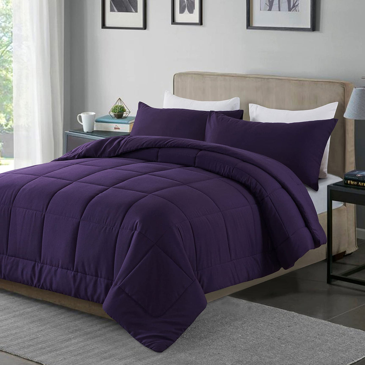  DOWNCOOL comforter set with two pillowcases on bed highlights layered warmth.