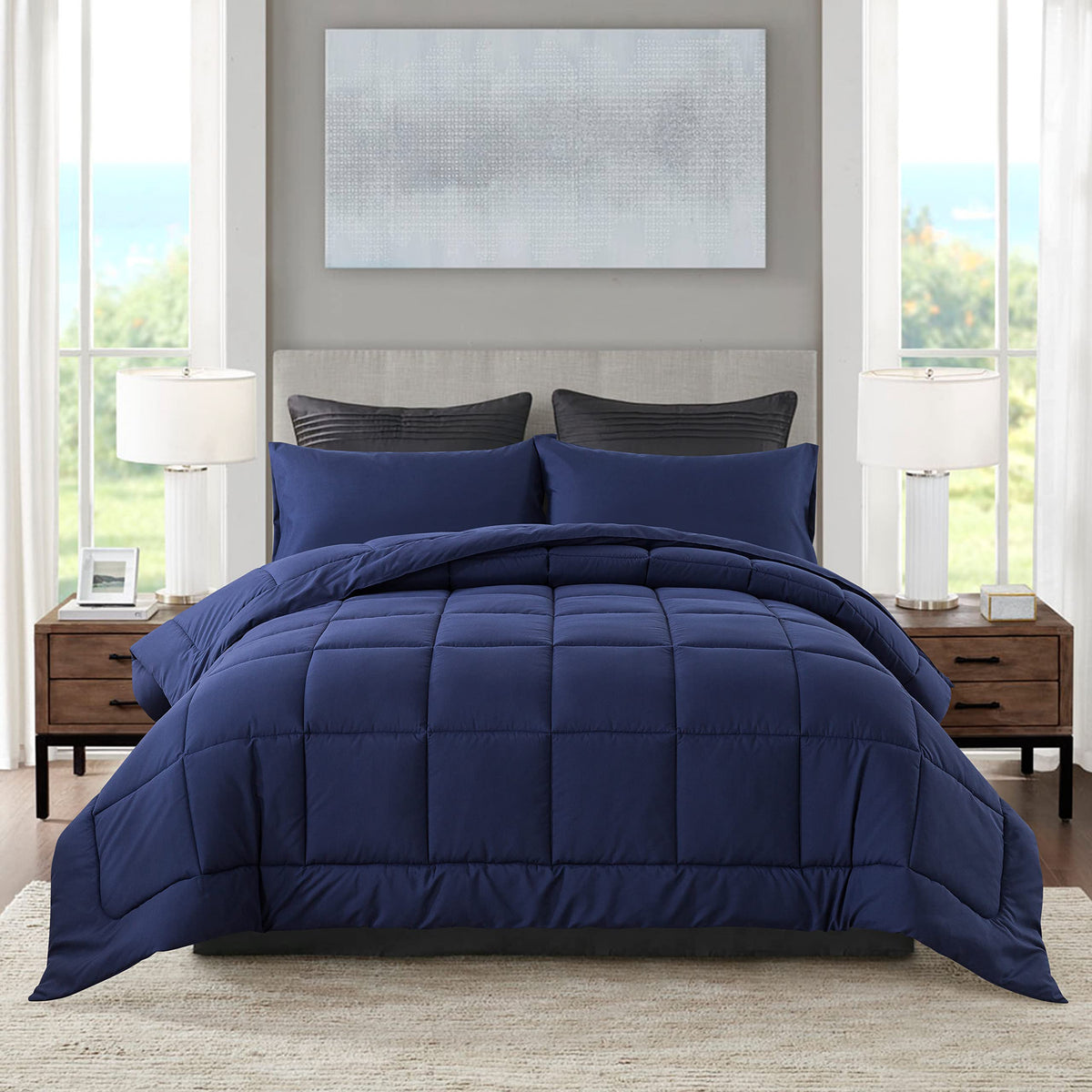 DOWNCOOL twin blue comforter on bed with soft breathable microfiber finish