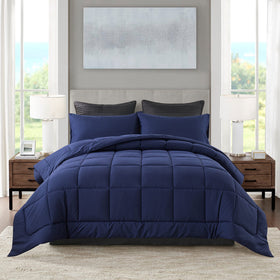 DOWNCOOL twin blue comforter on bed with soft breathable microfiber finish