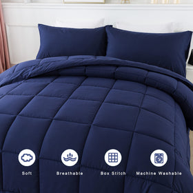 DOWNCOOL blue comforter with box stitching minimizes fill shifting