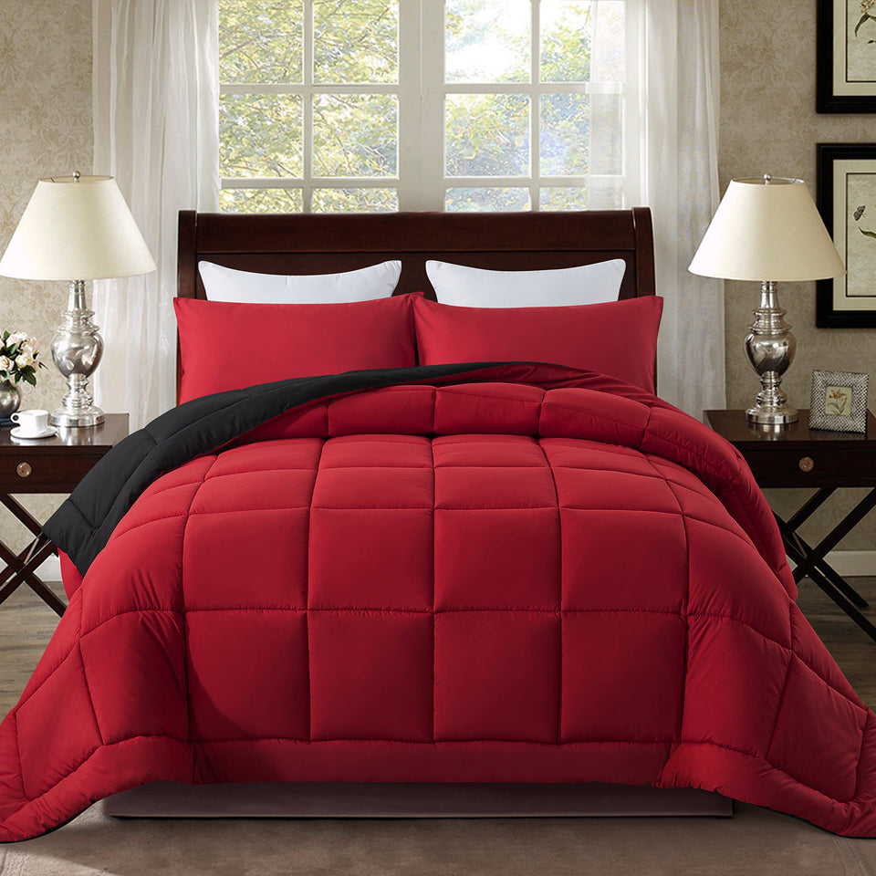 DOWNCOOL twin comforter set in red and black, pillowcase included, for all-season comfort.