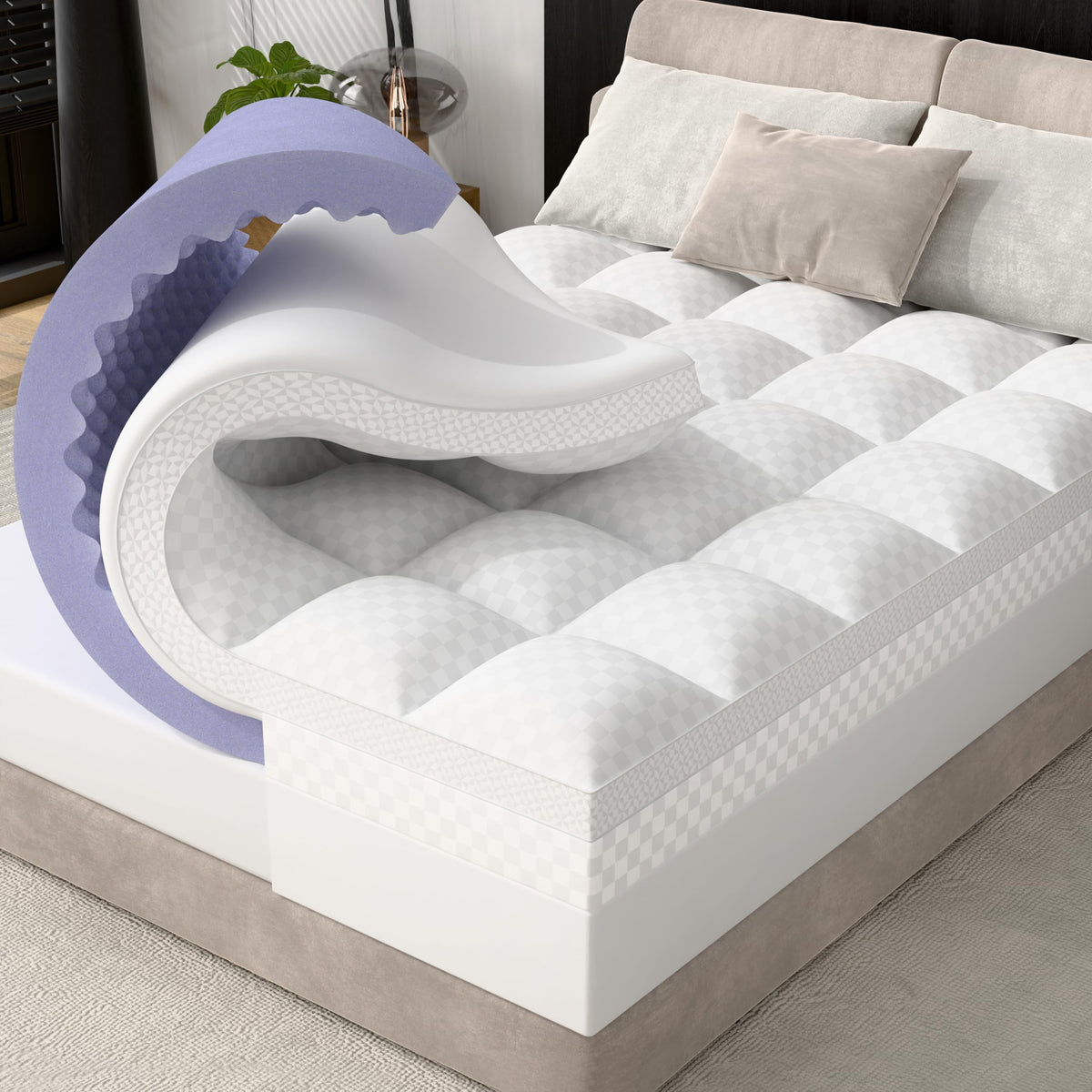 Downluxe 4in queen topper with egg-crate memory foam delivers cooling support for restful nights.