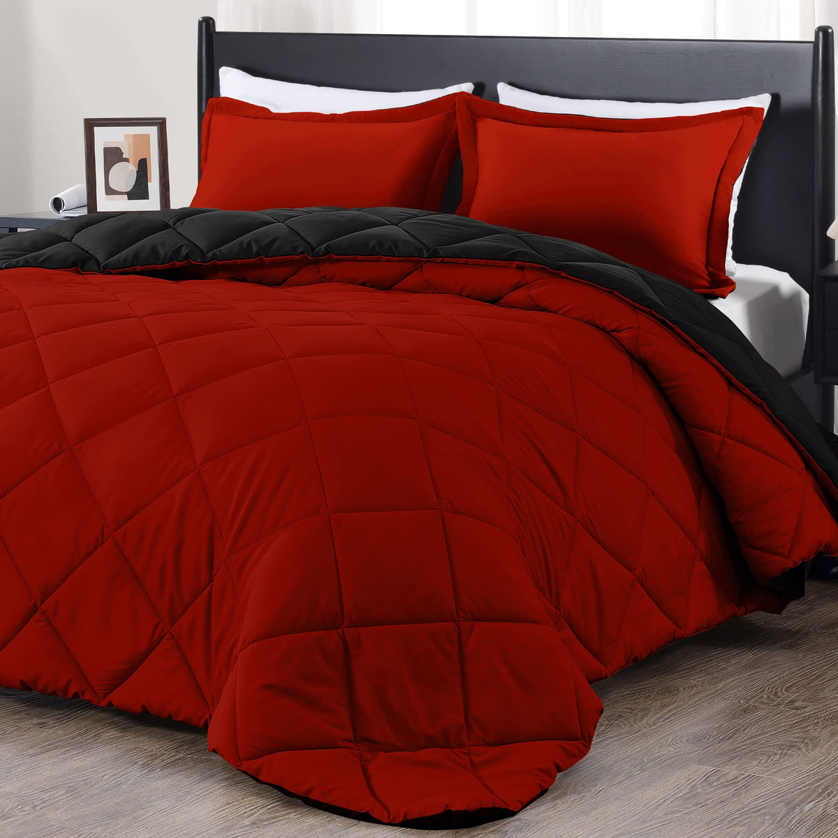 Downluxe California King Comforter Set front view with bold red and black scheme for bold decor
