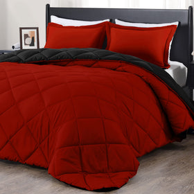 Downluxe California King Comforter Set front view with bold red and black scheme for bold decor