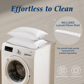 Downluxe care guidance shows machine washable, gentle cycle for easy maintenance.