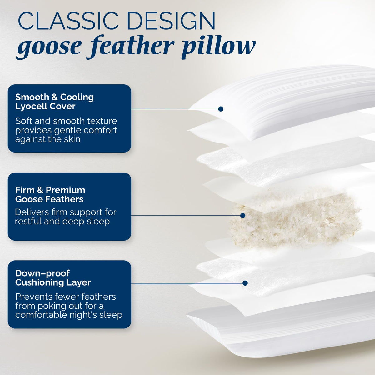 Downluxe goose-down pillow with lyocell cover, breathable and skin-friendly.