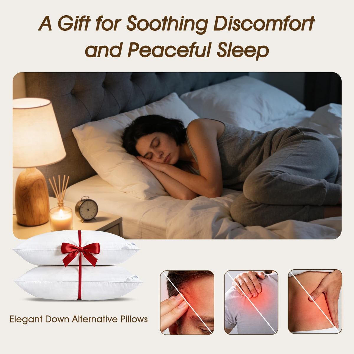 downluxe pillow back sleep support demonstrates gentle neck alignment for various positions.