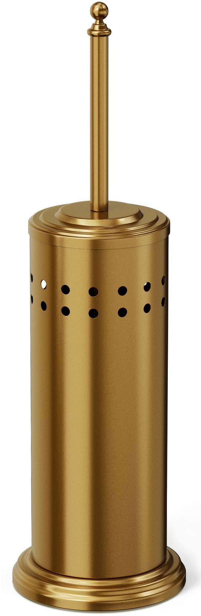 Dowry anti-hand-off toilet plunger with holder in gold keeps your bathroom organized and stylish.