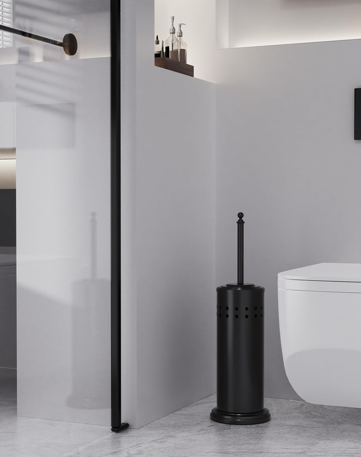DOWRY black-plated tool for deep cleaning in modern bathrooms.