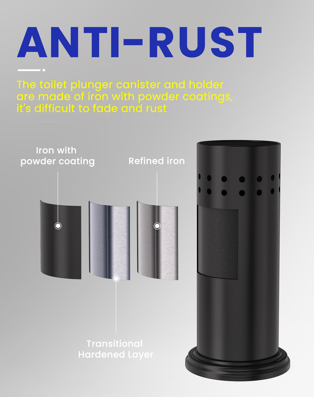Compact DOWRY toilet plunger with holder fits small spaces.