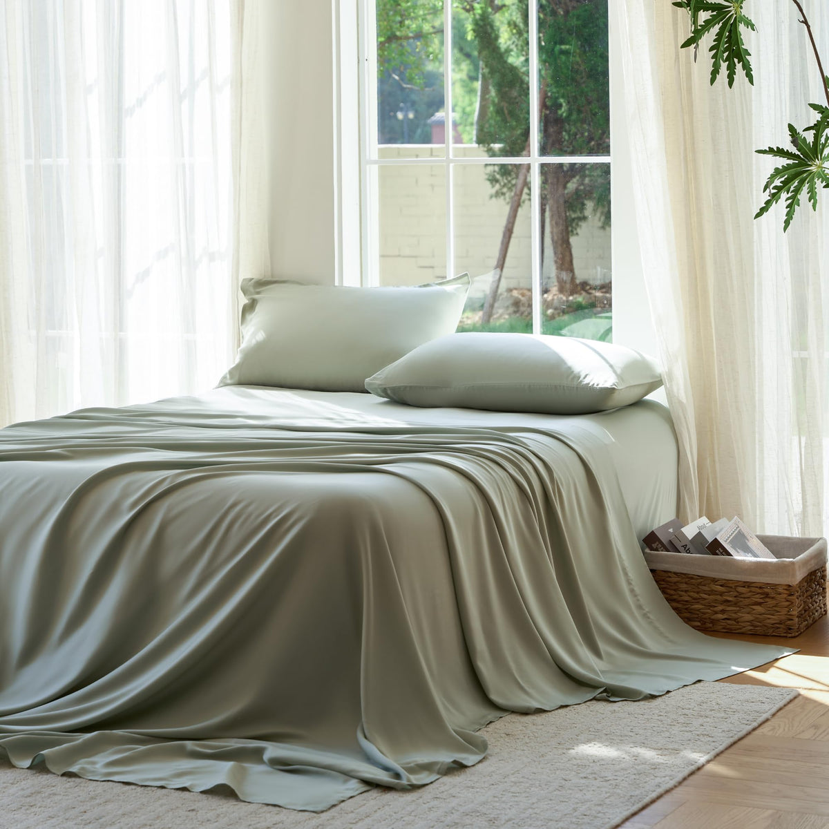 DOZ sheet set close-up in sage queen showing buttery softness and bamboo viscose quality