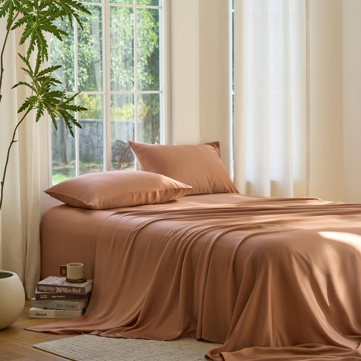 DOZ Sheet Set clay fabric closeup reveals bamboo viscose texture for silky comfort.