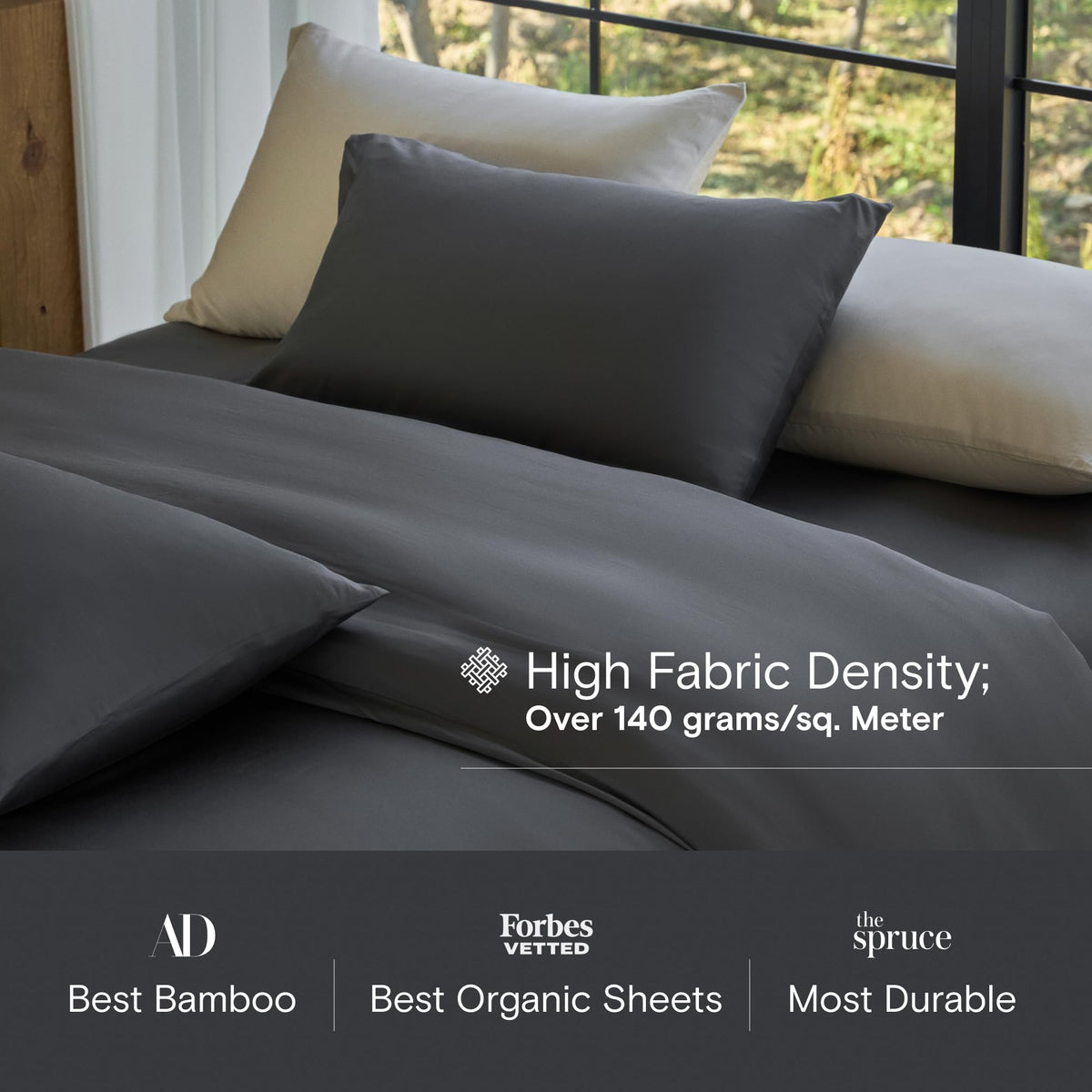 DOZ sheet set Storm Queen on bed demonstrates a cooling, breathable sleep surface.