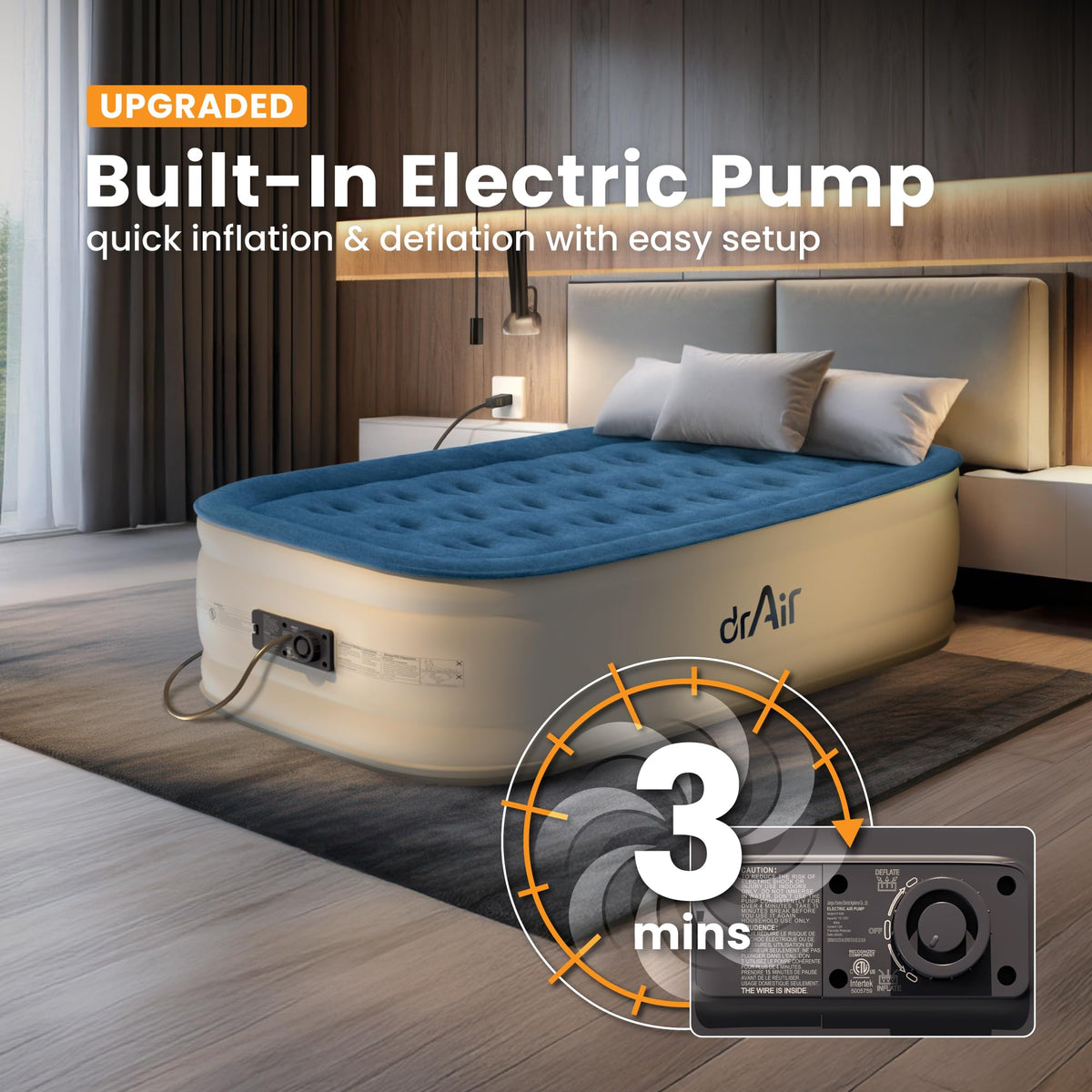 Dr. Air 18-inch raised air mattress for home or camping.