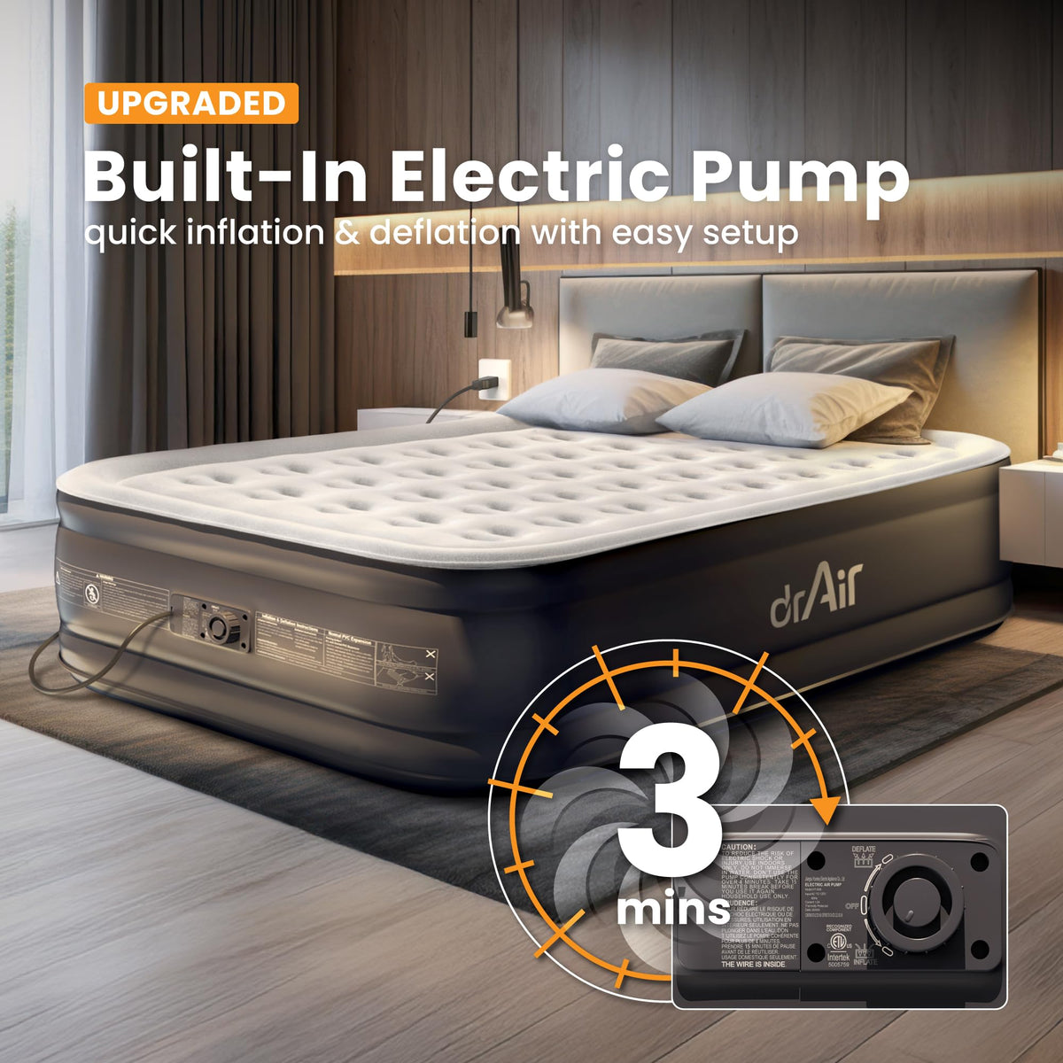 Dr. air Queen mattress, 18-inch rise, provides elevated guest comfort.