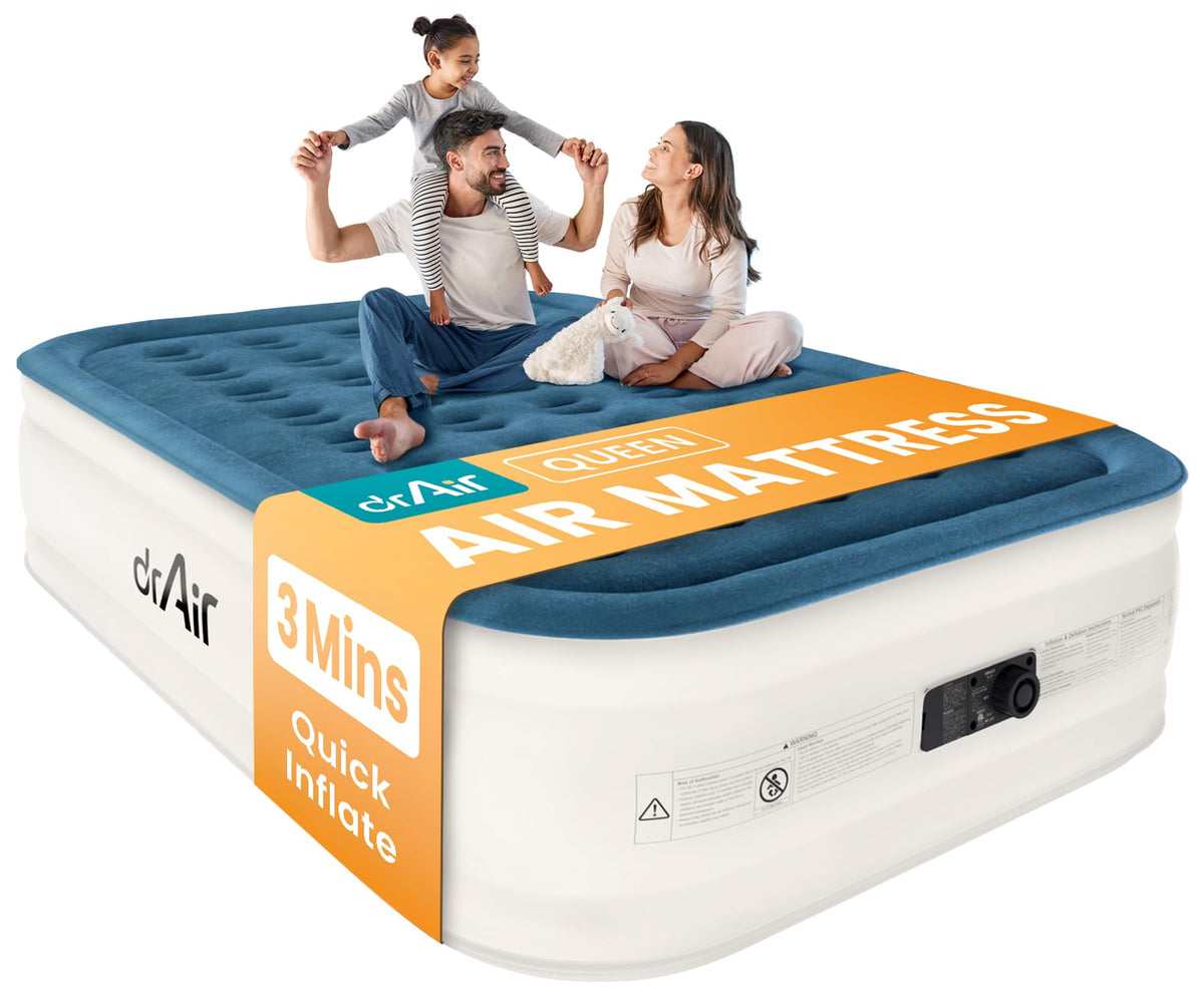 Dr. Air Queen Air Mattress showing built-in pump for quick inflation and easy setup