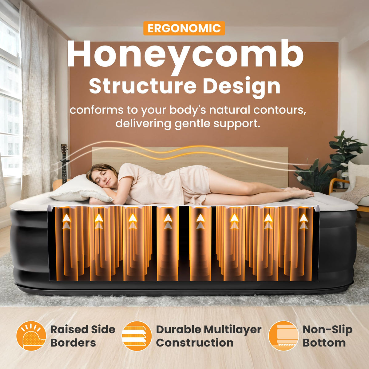 Dr. air Queen mattress honeycomb pillar design supports body alignment.
