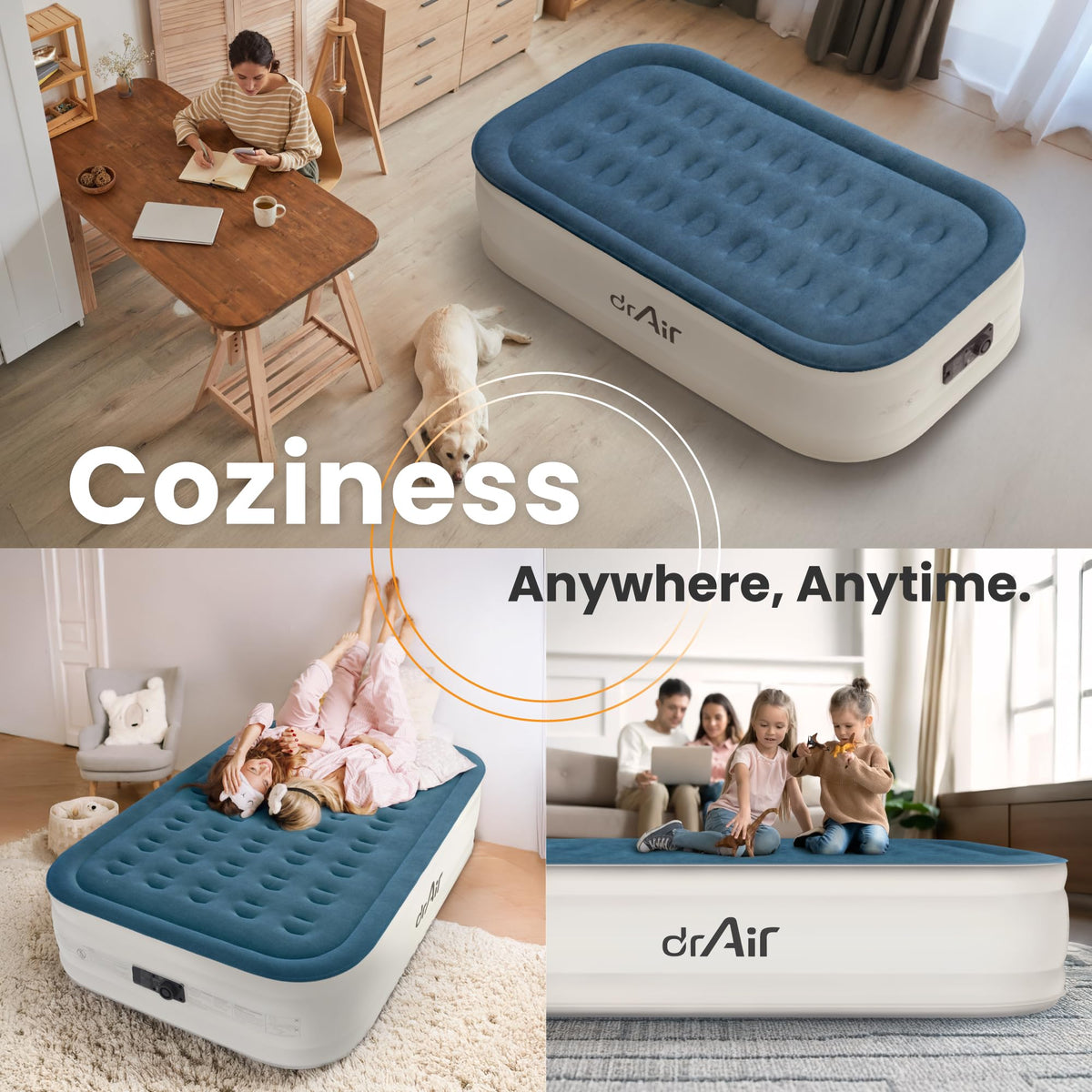 Dr. Air spacious twin sleeping area fits standard twin sheets.