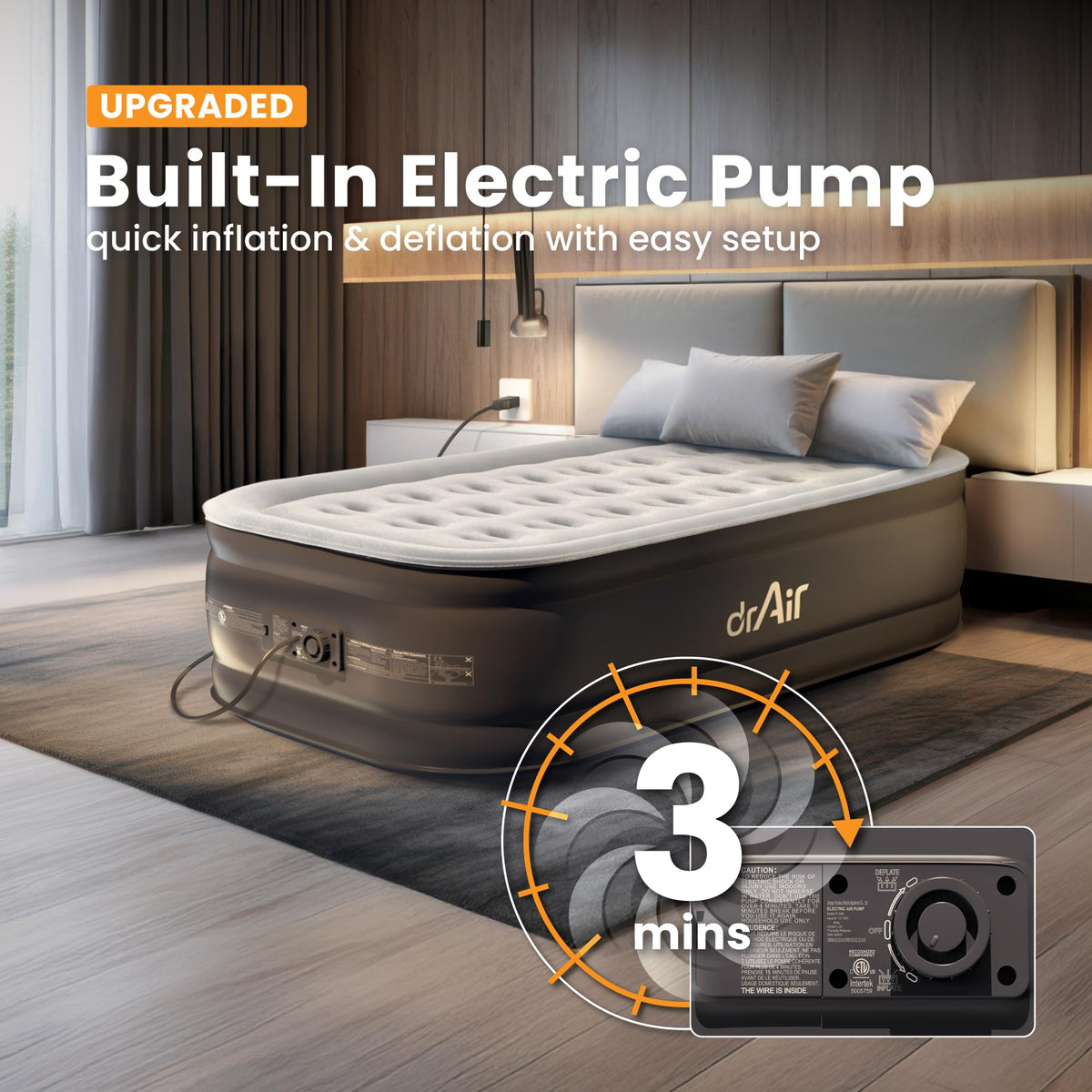 Dr. air Twin Air Mattress shows 18-inch raised height for elevated comfort.