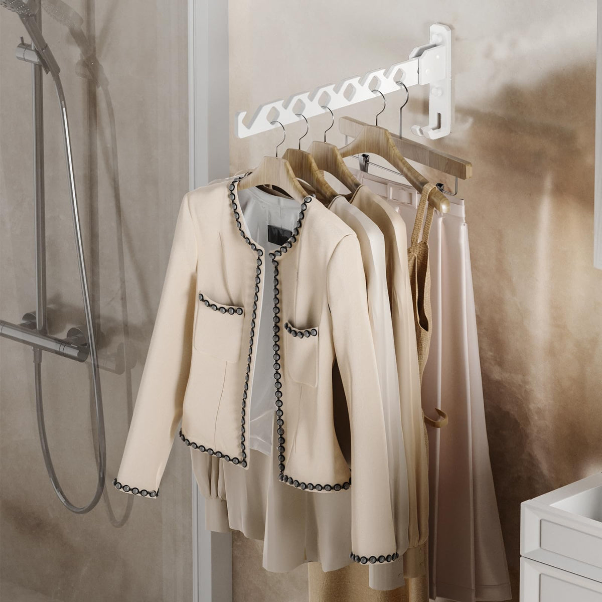 Dr.DJ space-saving laundry room solution keeps outfits organized.