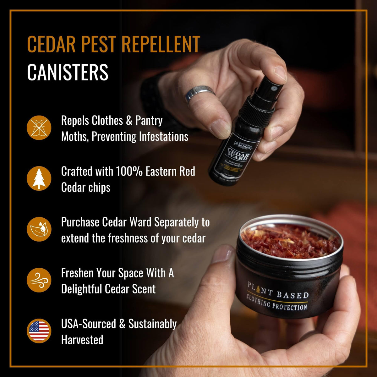 Dr. Killigan's cedar chips in a reusable tin act as a drawer deodorizer and woodsy scent
