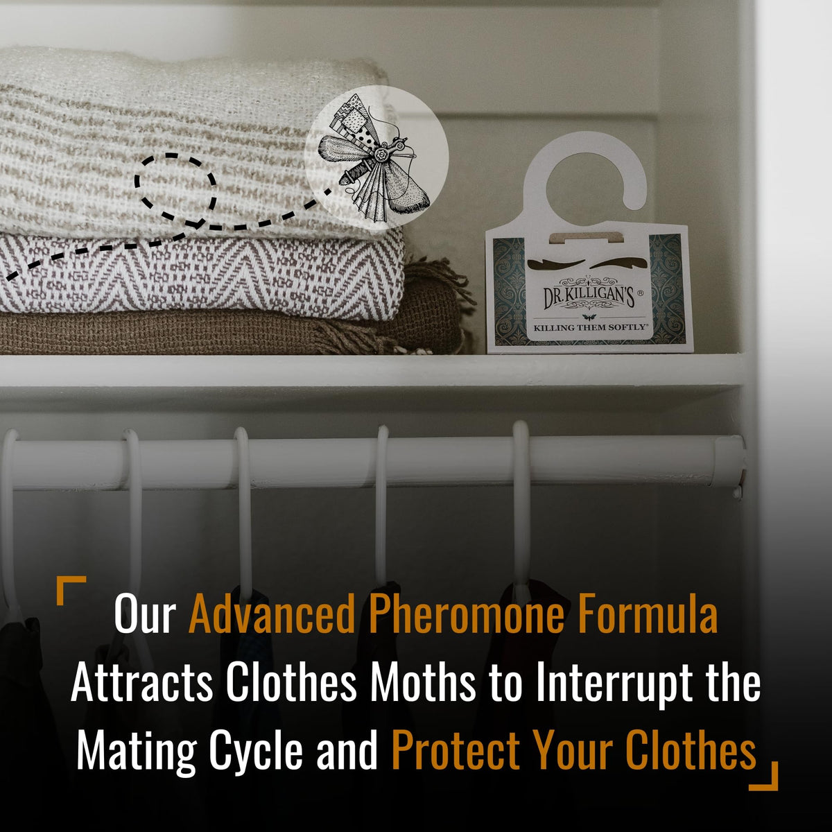 Dr. Killigan's closet trap installed on shelf, easy 1-2-3 setup for moth control.