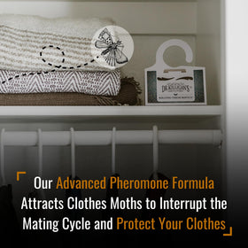 Dr. Killigan's closet trap installed on shelf, easy 1-2-3 setup for moth control.