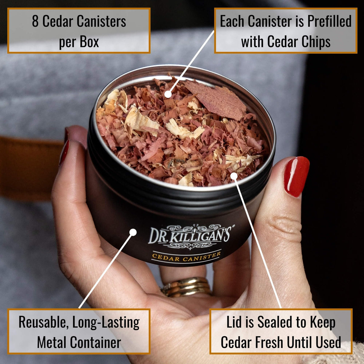 Dr. Killigan's wardrobe cedar block tin provides closet protection with a subtle woody aroma