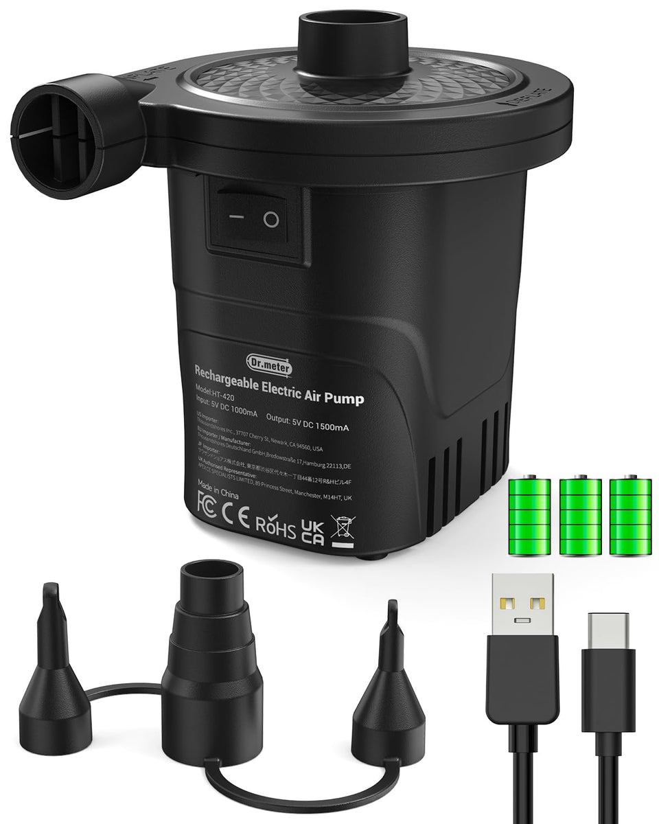 Dr.meter air pump cordless inflating a pool float for outdoor fun