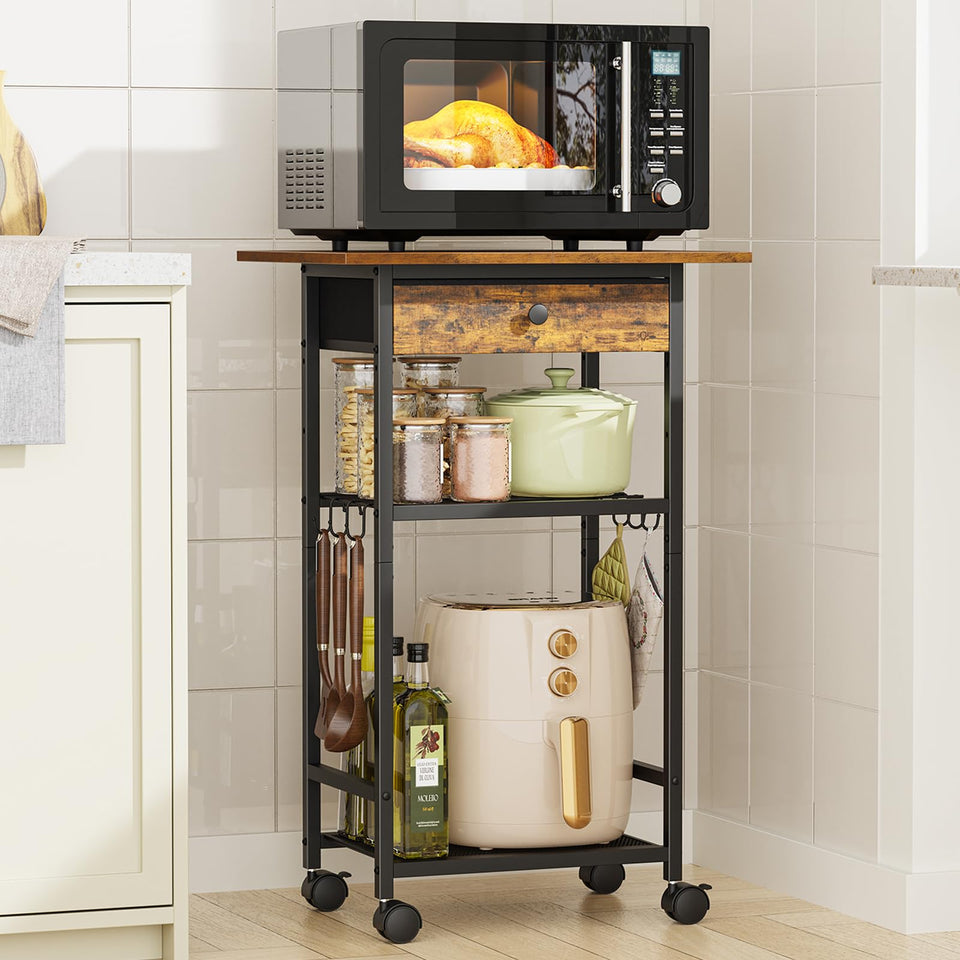 Draelibor 4-tier microwave cart with wheels keeps kitchen organized.
