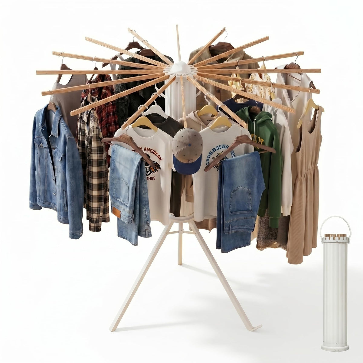 Draiovo foldable drying rack close-up reveals wooden rods and grooves for organized drying.