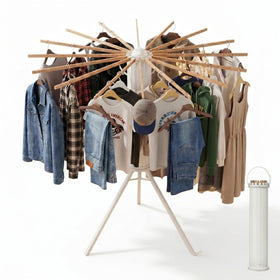 Draiovo foldable drying rack close-up reveals wooden rods and grooves for organized drying.