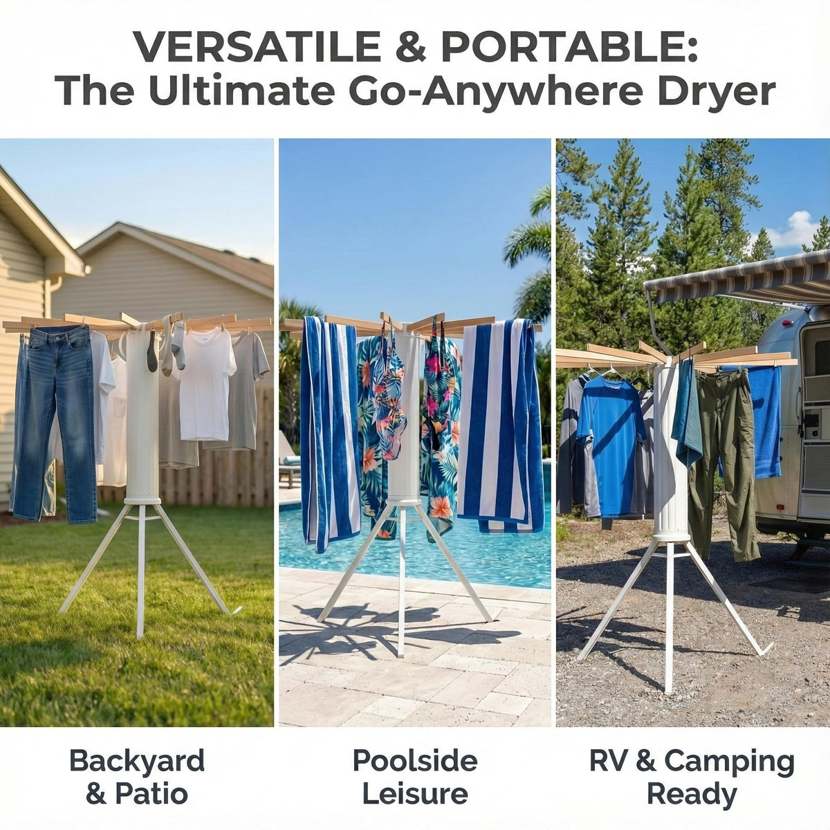 Draiovo tripod base provides stable drying in small spaces.