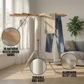 Draiovo rack showing evenly spaced wooden rods for smooth air circulation.