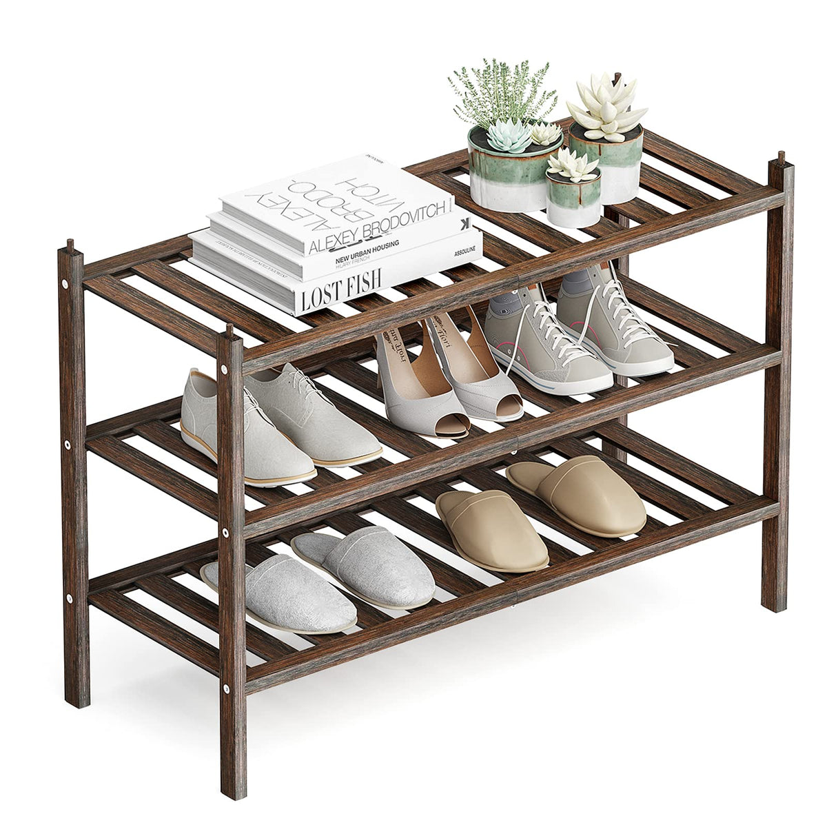 Dranixly bamboo shoe rack 3-tier mocha keeps entryway organized.