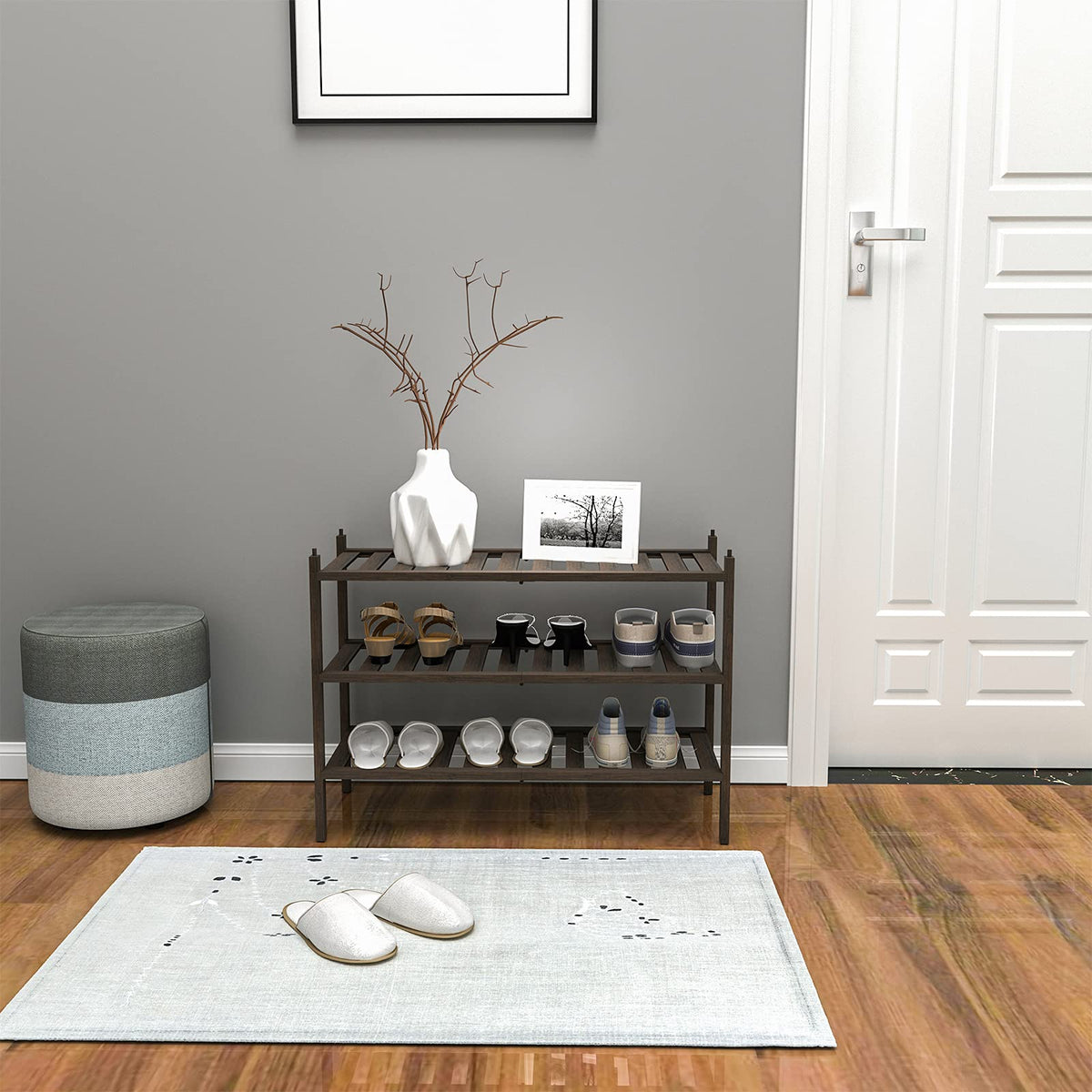 Dranixly stackable shoe rack shown in closet saves space and provides stability.