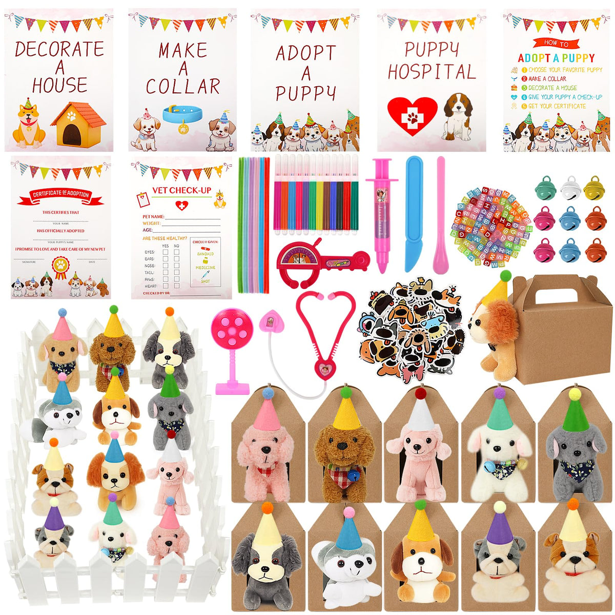 DRANSMIC Adopt a Dog plush puppies with party hats ideal for party favors.