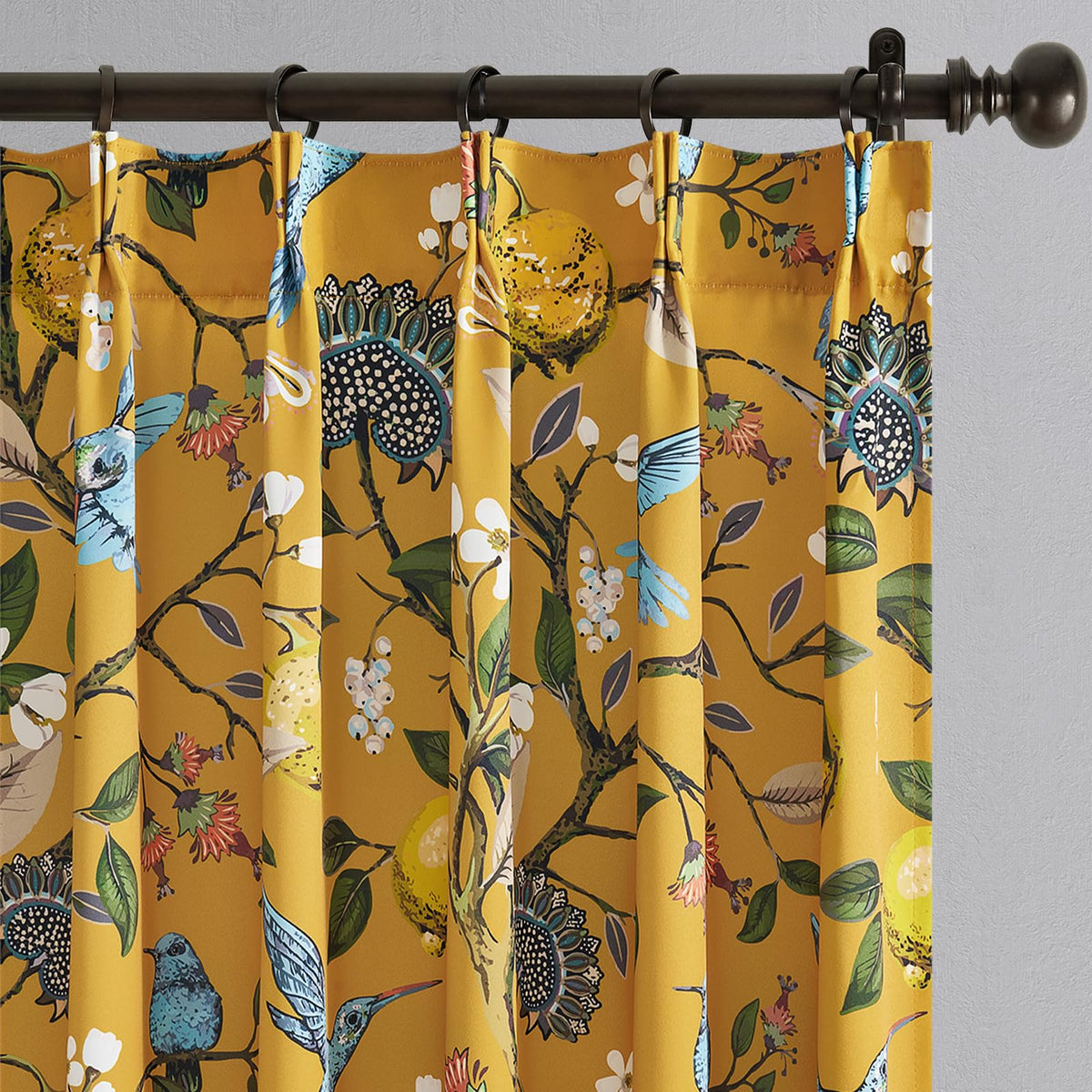Drapenova mustard-yellow curtains with hummingbird and lemon close up for a bright kitchen.