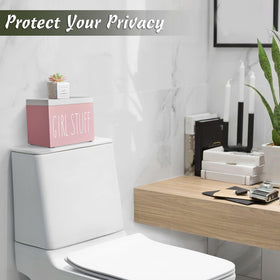 DRASTAR pink bathroom decor organizes pads and tampons on a toilet-side surface.
