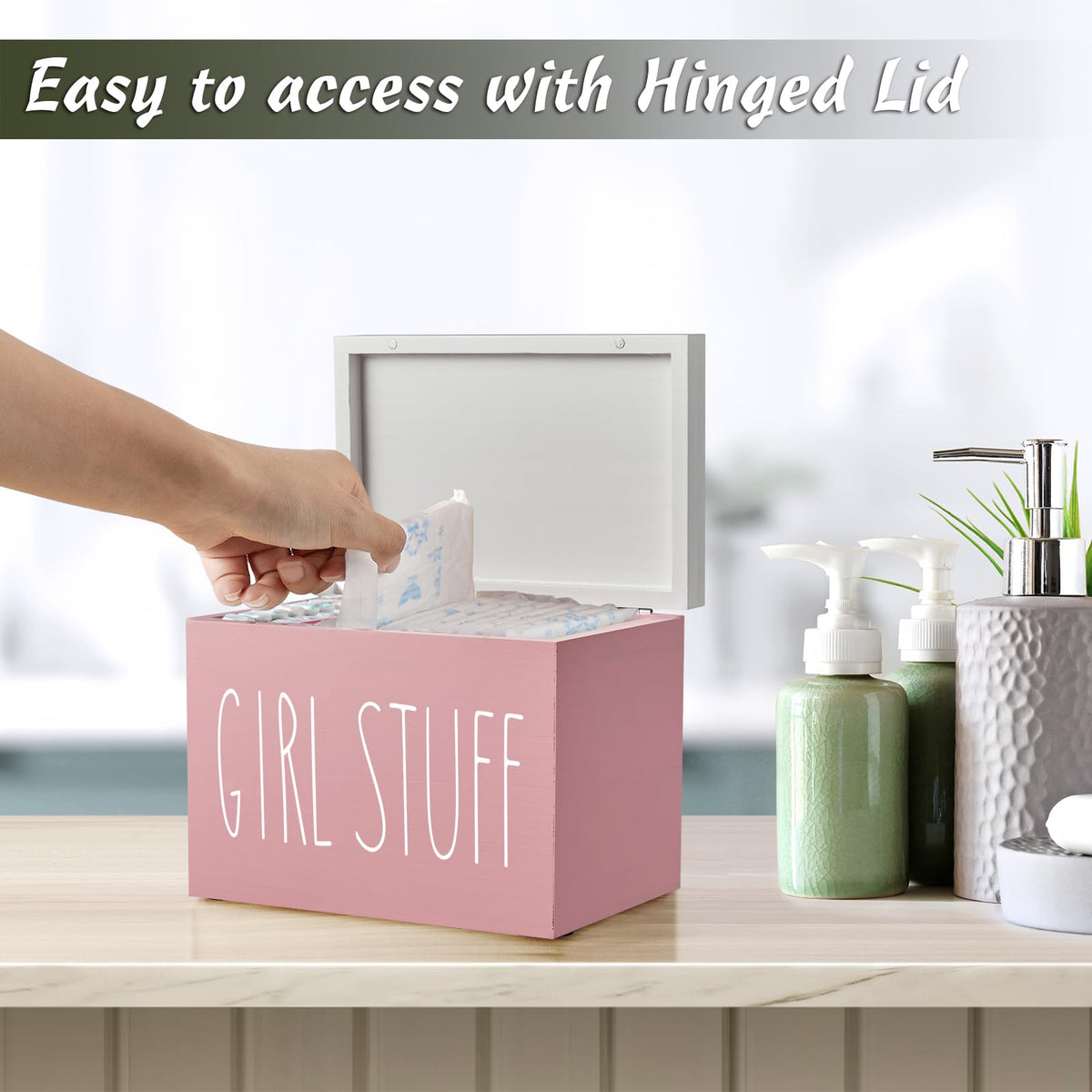 DRASTAR gift-worthy pink box adds practical charm to any bathroom.