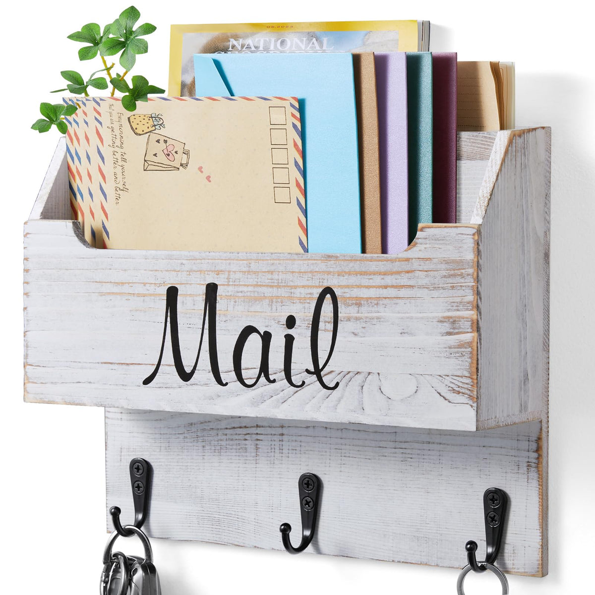 DRASTAR wall-mounted mail organizer with three key hooks for organized entryway storage
