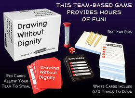 Drawing Without Dignity instruction card explains simple, party-ready rules.
