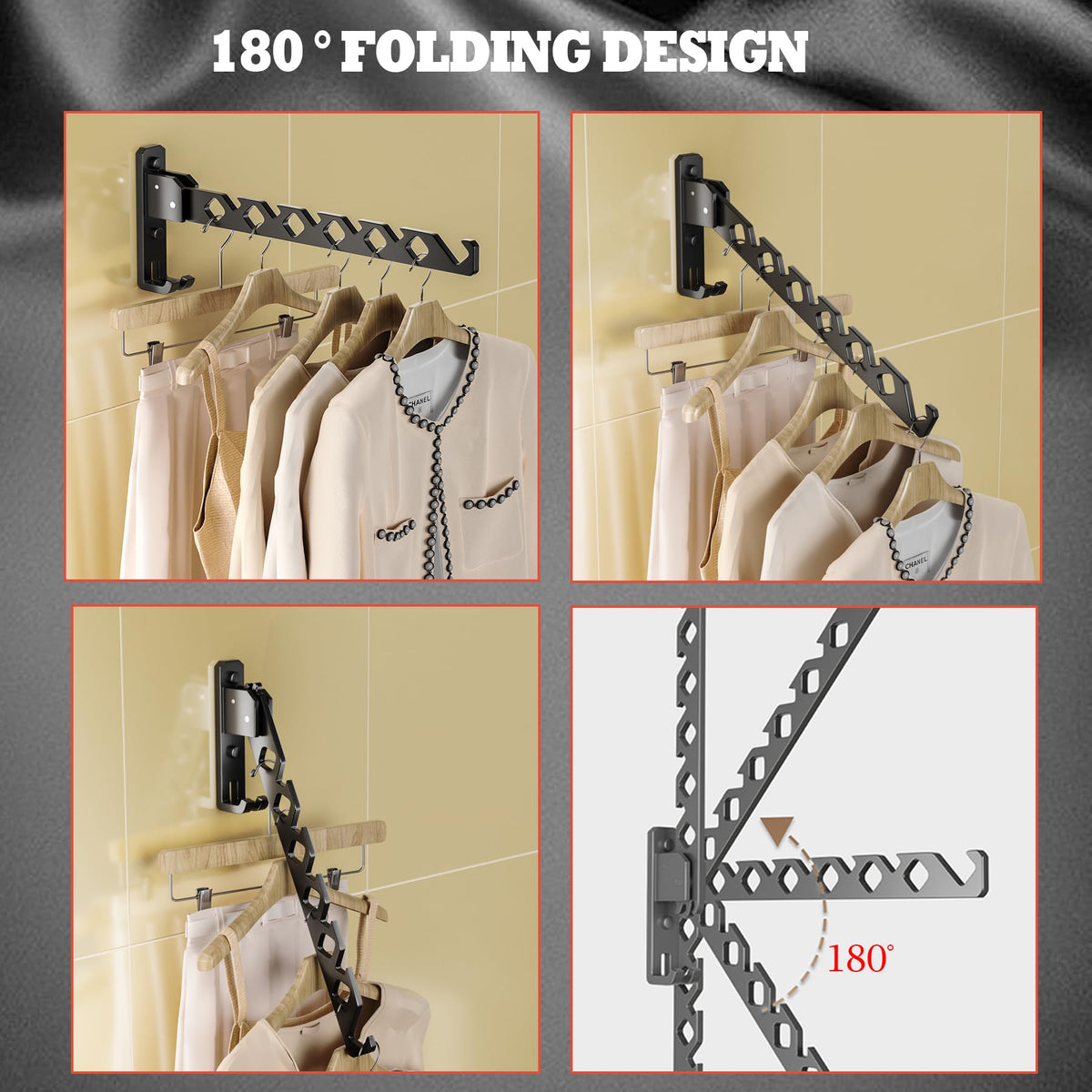 Dr.DJ black wall hanger in use in laundry room for organized garments.