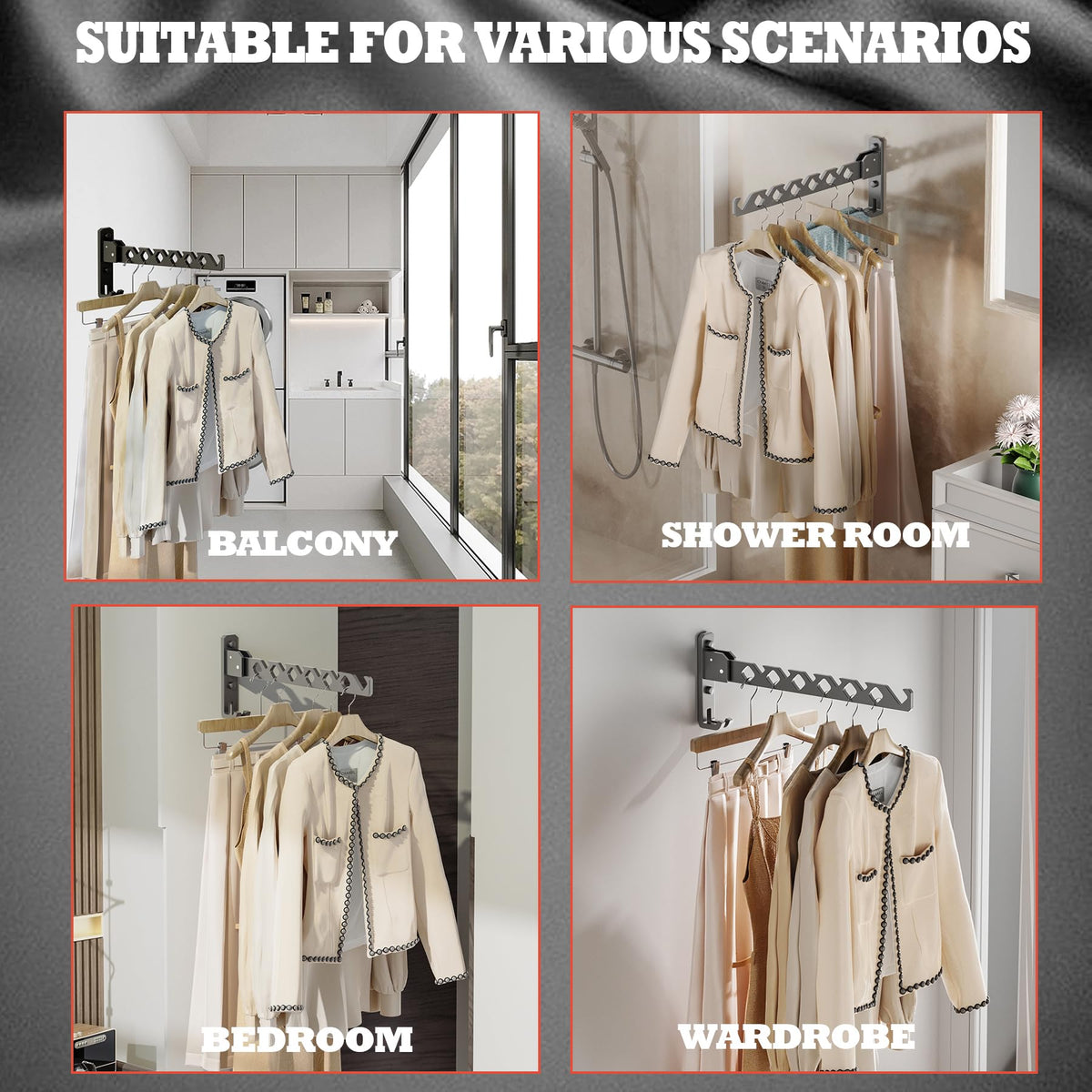Dr.DJ wall-mount hanger demonstrates load capacity up to ten garments.