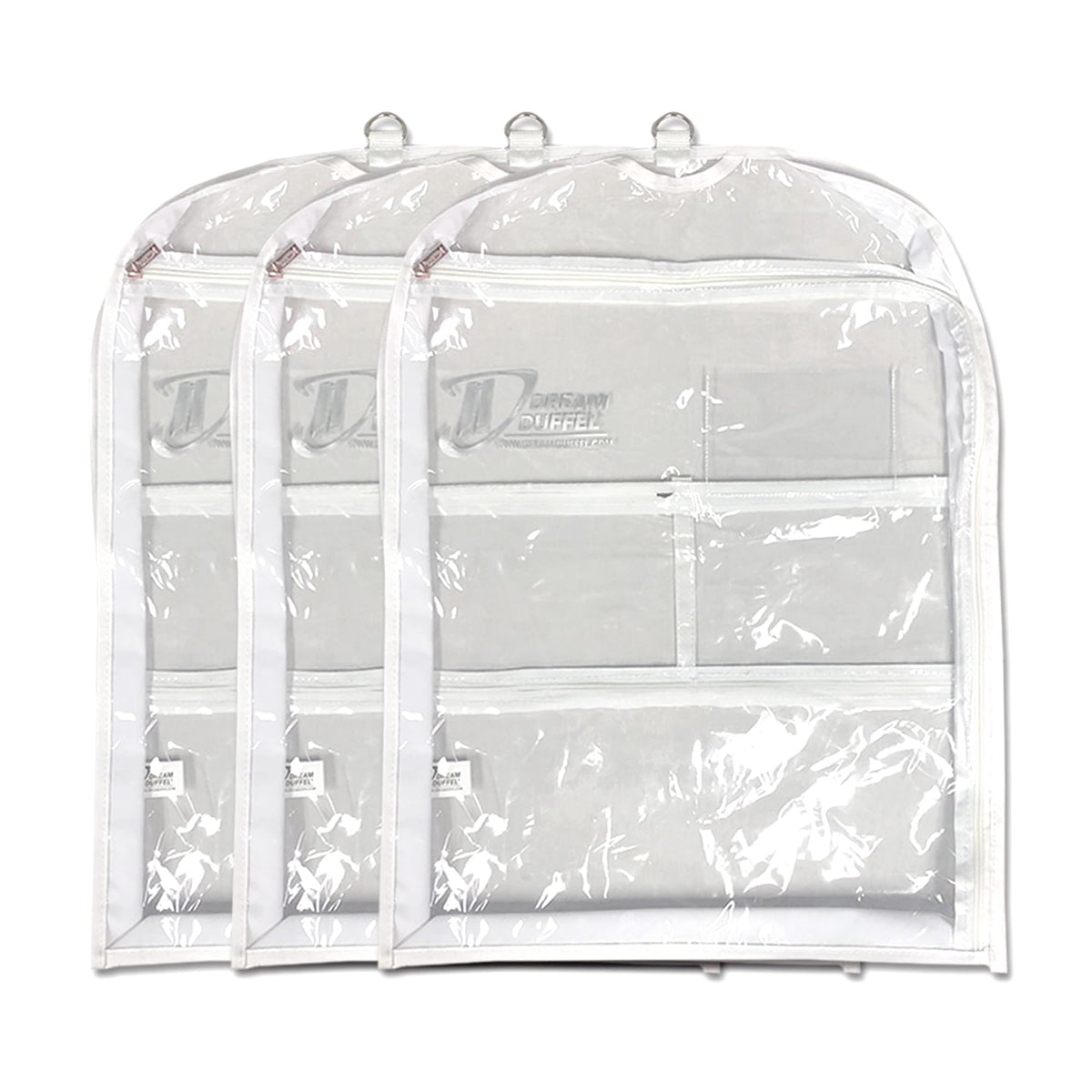 Dream Duffel clear garment bag showing three-pocket design for shoes and accessories